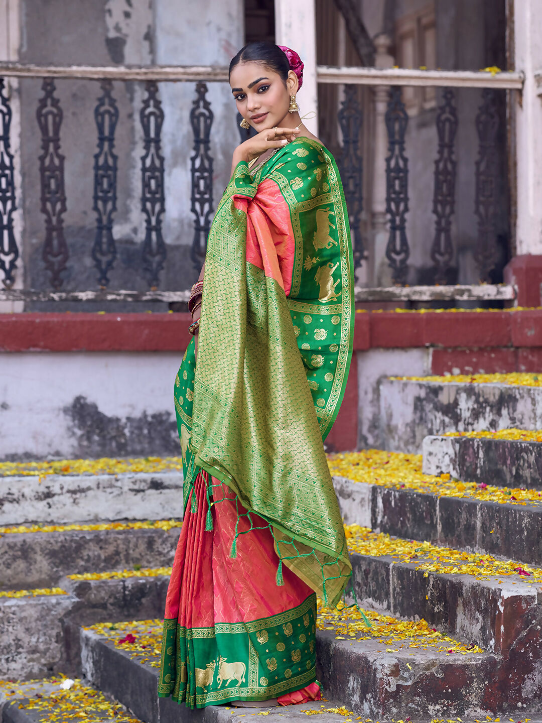 Peach Soft Silk Saree with Contrasting Green Blouse Piece