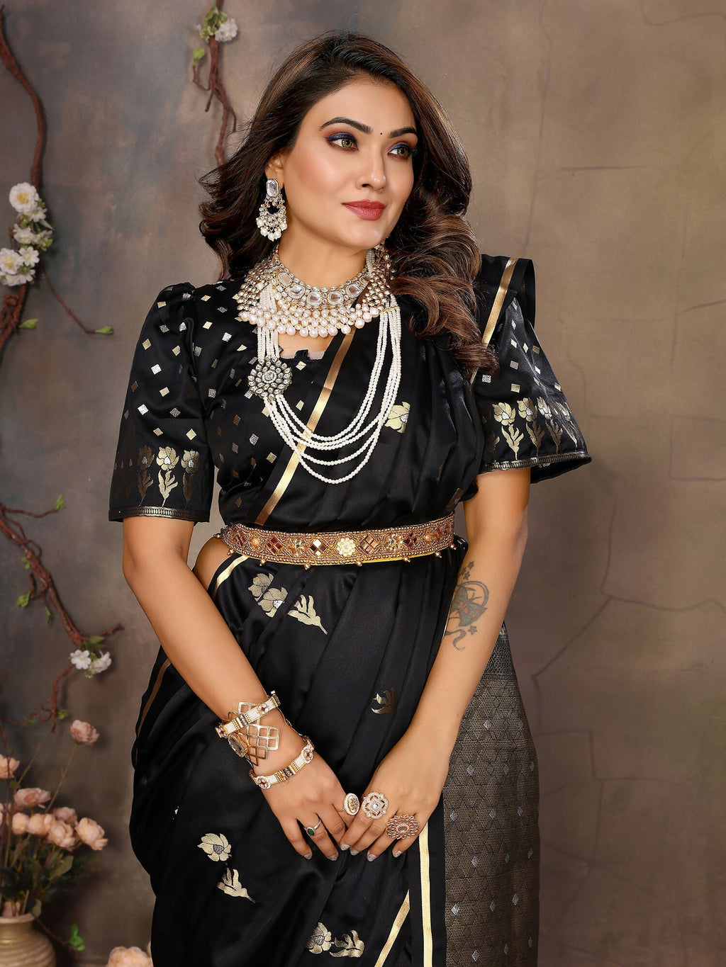 Black Floral and Botanical Satin Silk Banarasi Saree