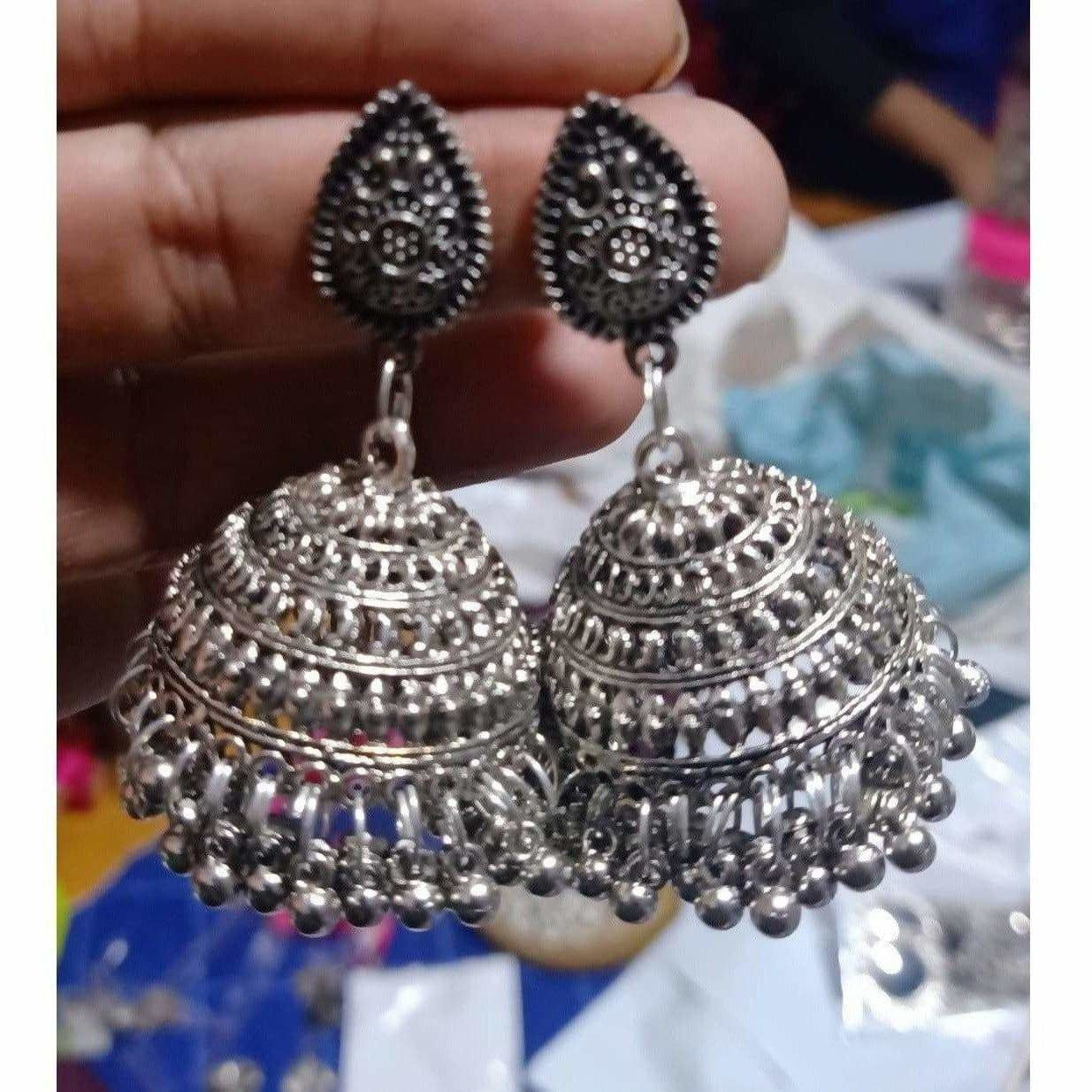 Silver jhumka earrings for women with hanging pearls