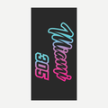 Miami 305 beach towel with a grey background and a cyan-to-pink gradient graphic text