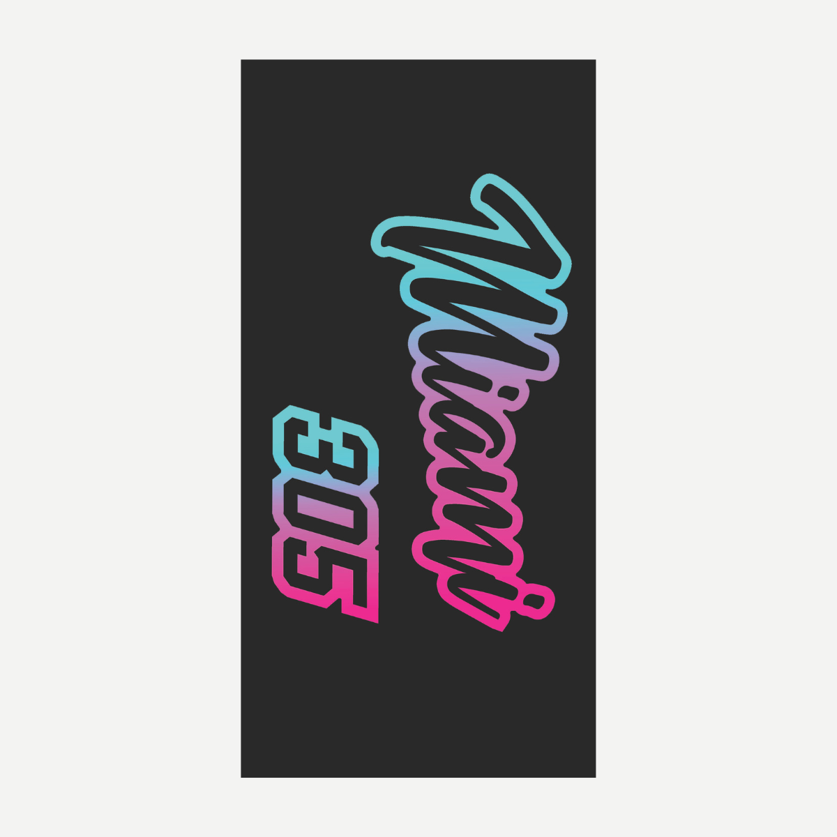 Miami 305 beach towel with a grey background and a cyan-to-pink gradient graphic text