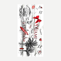 A rectangular beach towel with a black and white sketch design of Miami landmarks including palm trees and a lifeguard station, accented with red details like a bow, surfboard, and heart.