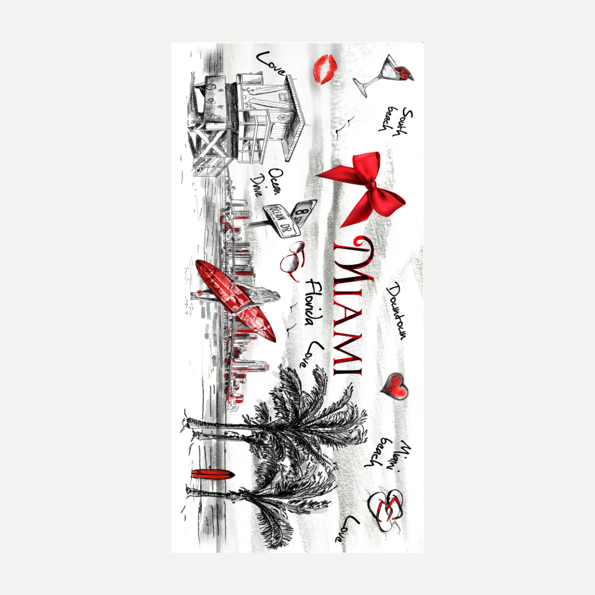 A rectangular beach towel with a black and white sketch design of Miami landmarks including palm trees and a lifeguard station, accented with red details like a bow, surfboard, and heart.