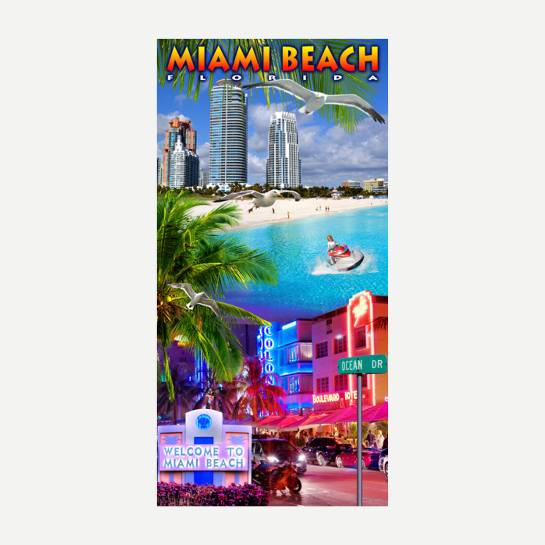 A rectangular beach towel featuring a colorful collage of Miami Beach, including skyscrapers, palm trees, ocean, and neon street lights.