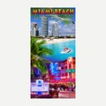 A rectangular beach towel featuring a colorful collage of Miami Beach, including skyscrapers, palm trees, ocean, and neon street lights.