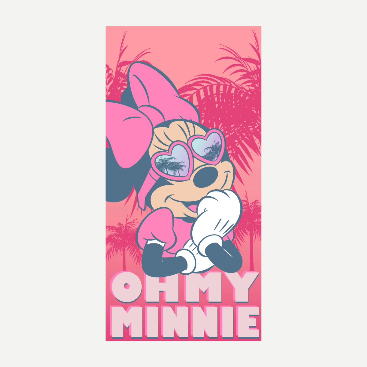 Colorful Minnie Mouse beach towel for children featuring a tropical palm tree background and Minnie in heart-shaped sunglasses.