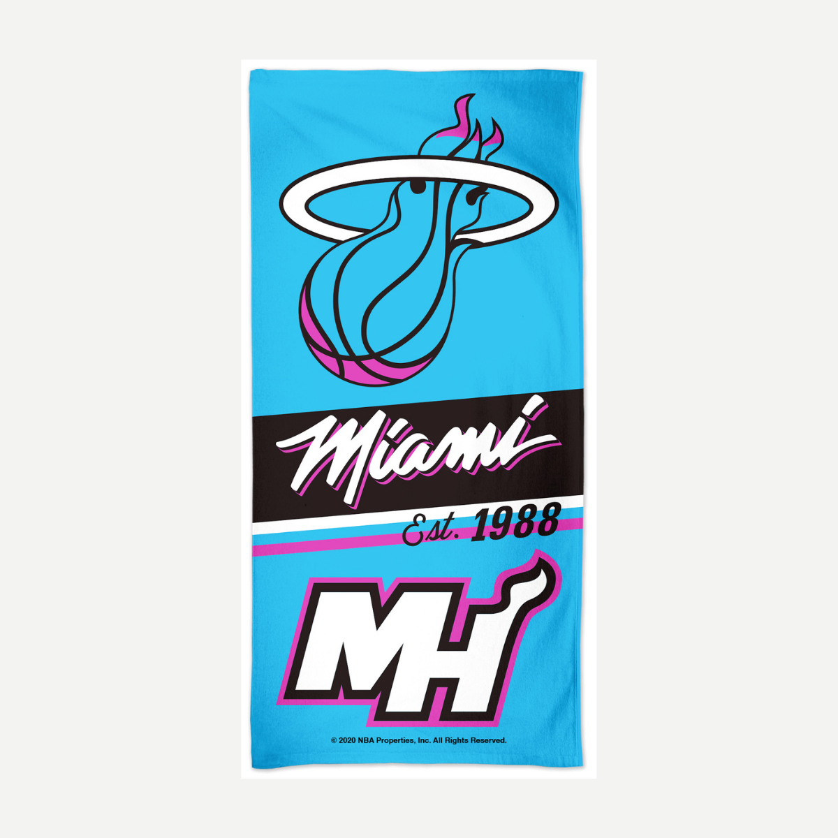 Miami Heat Vice basketball themed beach towel with neon pink, electric blue, and black graphics.