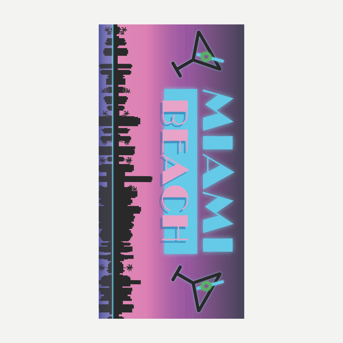 A rectangular beach towel featuring a Miami city skyline in silhouette against a purple and pink gradient sky, with two martini glass graphics and the text MIAMI BEACH.