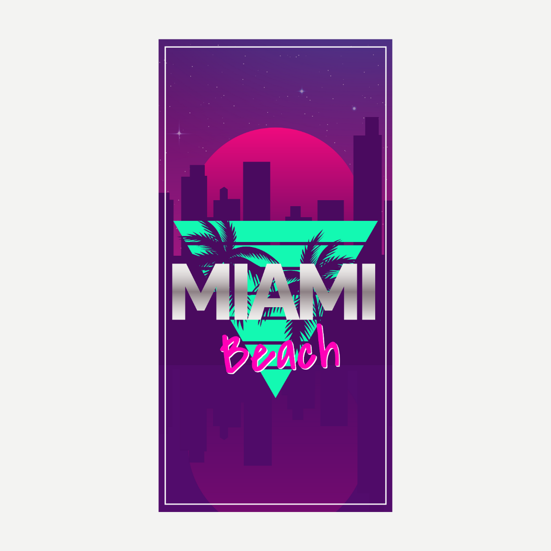 Rectangular beach towel with a graphic design of the Miami night skyline, palm trees, and a neon sunset, colored in purple, pink, and teal.