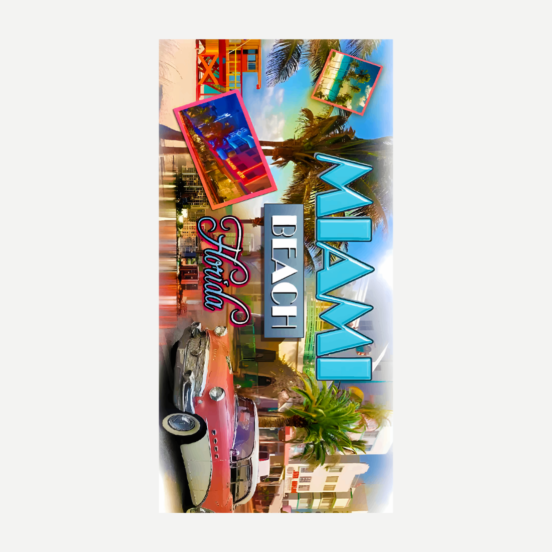 Colorful Miami Beach graphic towel with 1980s retro car, palm trees, and neon signage.