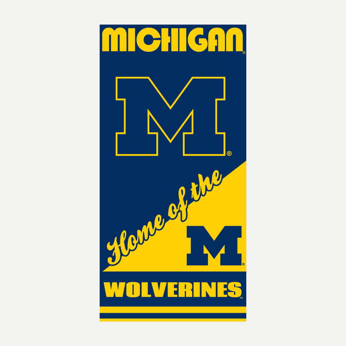 Michigan Wolverines branded beach towel featuring maize and blue colors with team logo