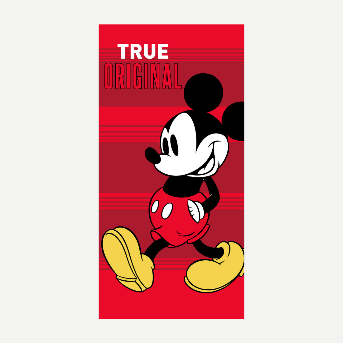 A rectangular beach towel featuring a bold red background with horizontal stripes and a large graphic of Mickey Mouse walking with the text True Original.