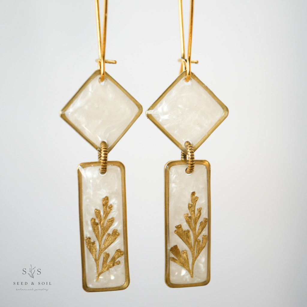 Art Deco Dangle Earrings with Gold Fern & Opalescent Cream