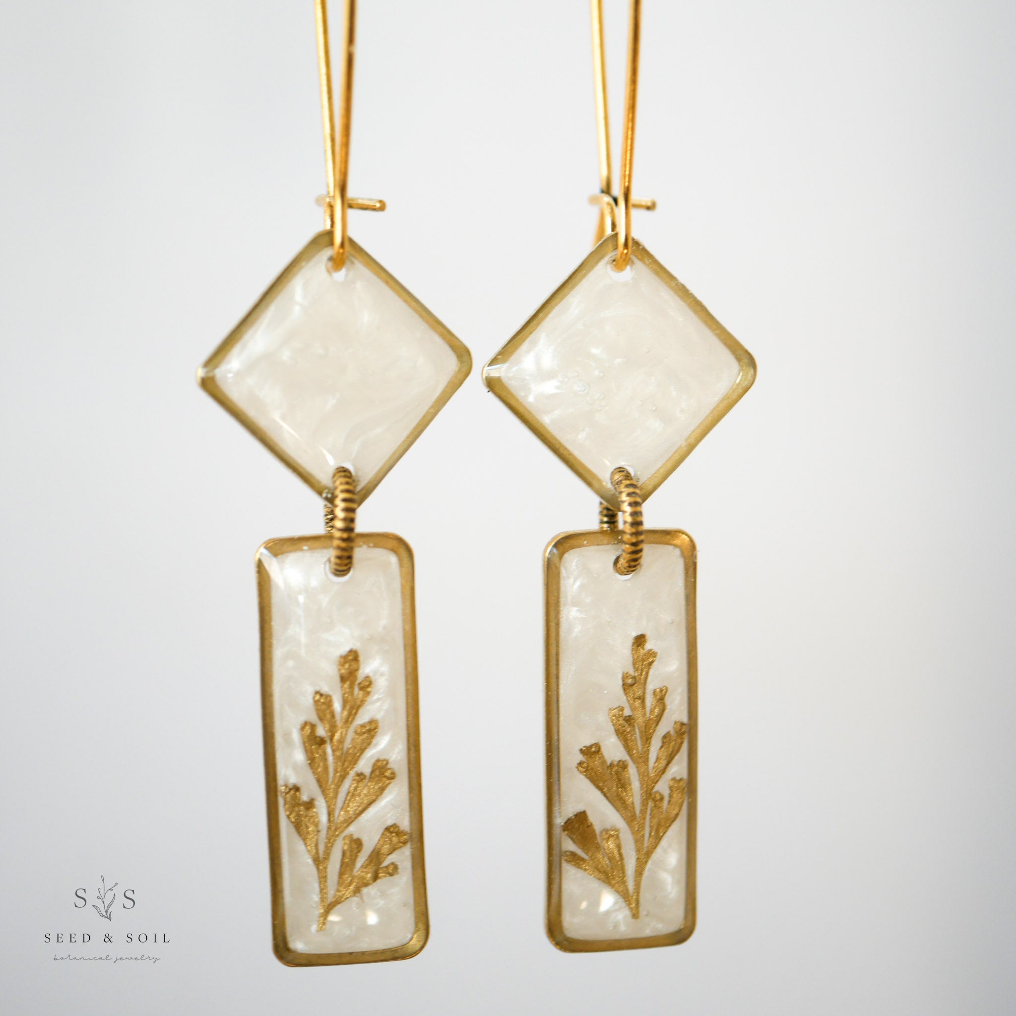Art Deco Dangle Earrings with Gold Fern & Opalescent Cream
