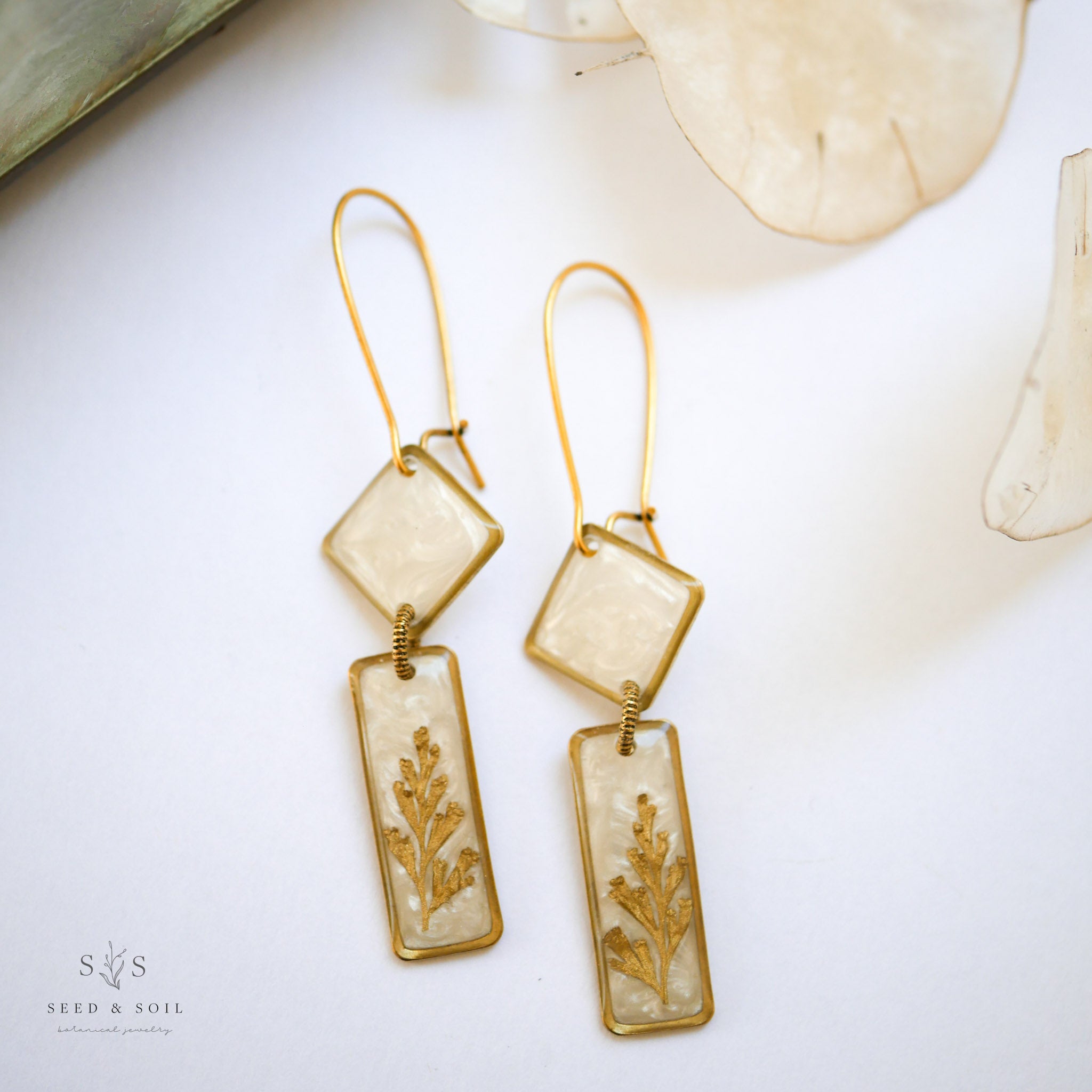 Art Deco Dangle Earrings with Gold Fern & Opalescent Cream