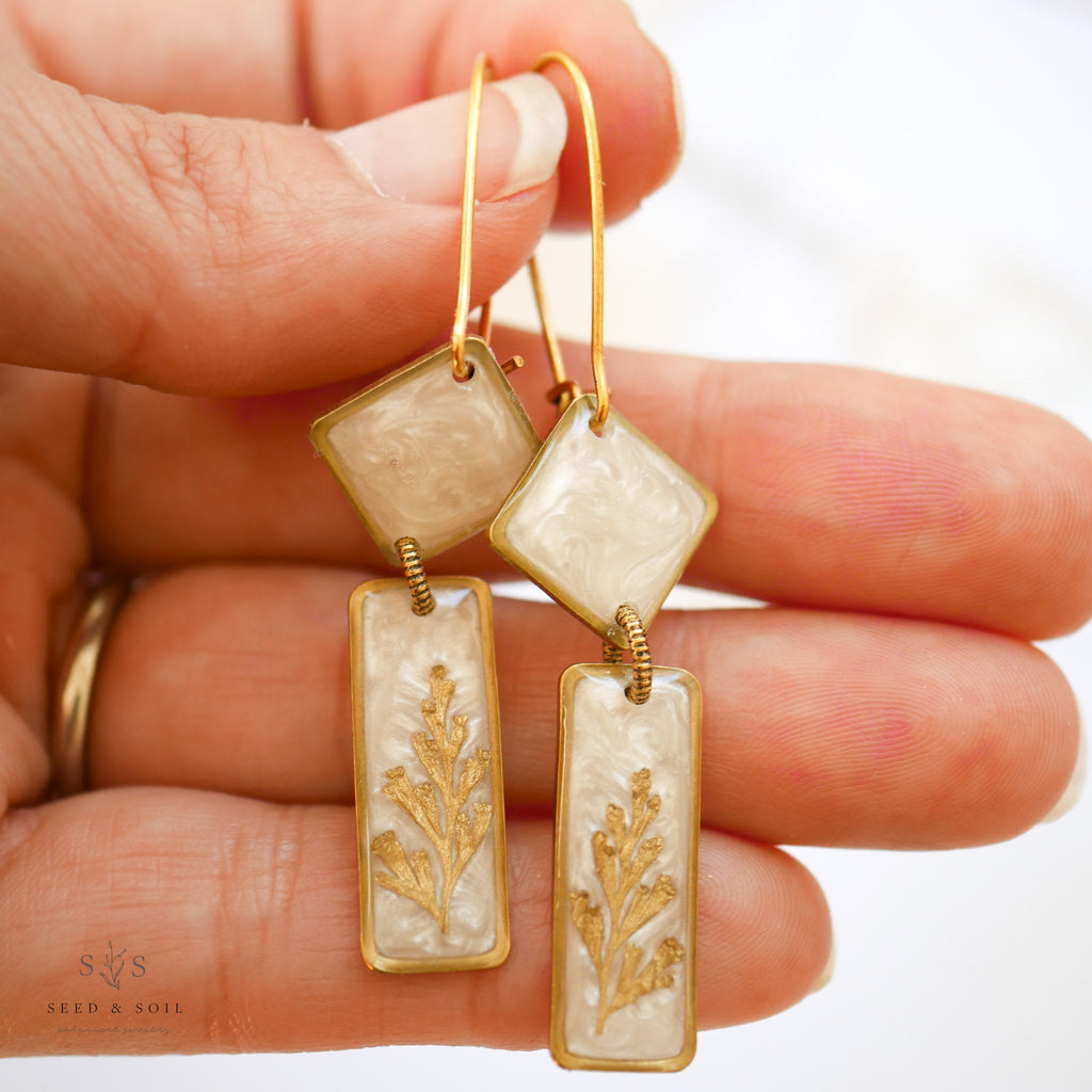 Art Deco Dangle Earrings with Gold Fern & Opalescent Cream