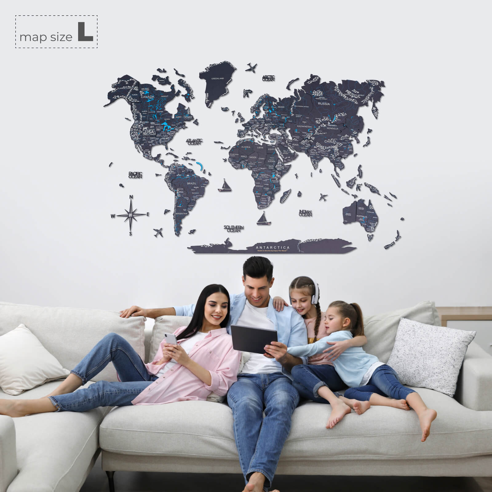 3D Wooden World Map Midnight - Modern Minimalist Wall Art