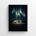 Trippy poster featuring a roadside gas station at night under glowing aurora lights.