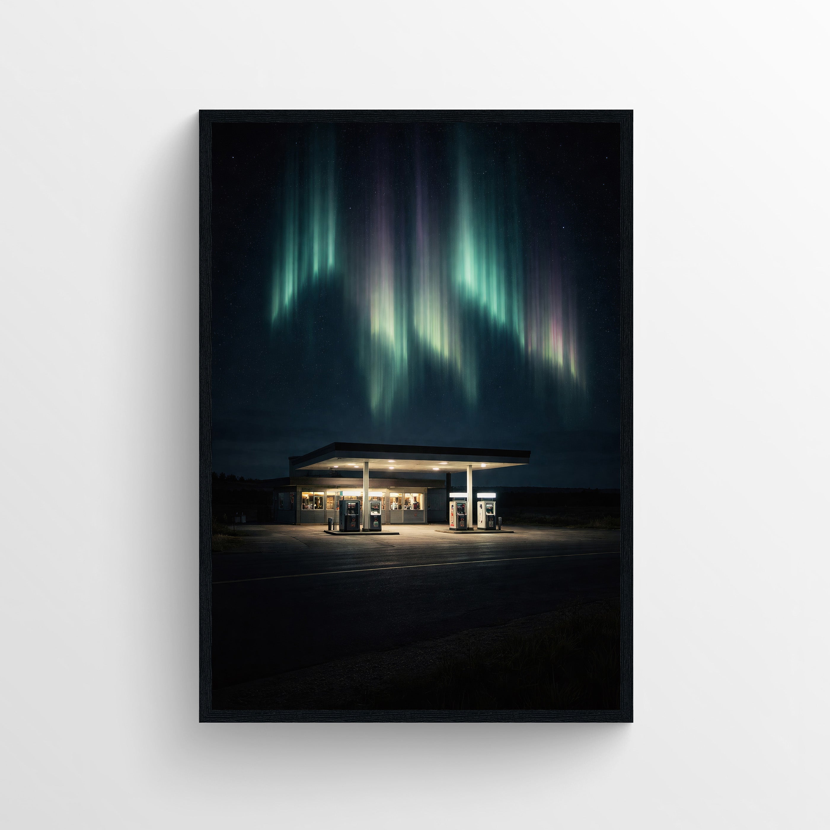 Trippy poster featuring a roadside gas station at night under glowing aurora lights.