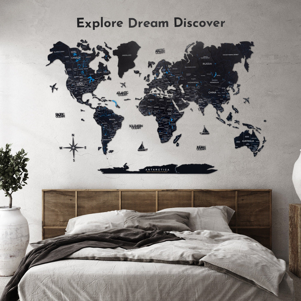 Elegant matte-black wooden quote sign for travel map decor