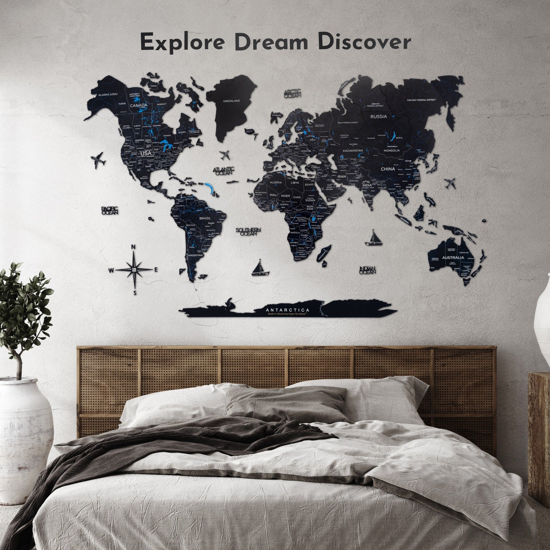 Elegant matte-black wooden quote sign for travel map decor