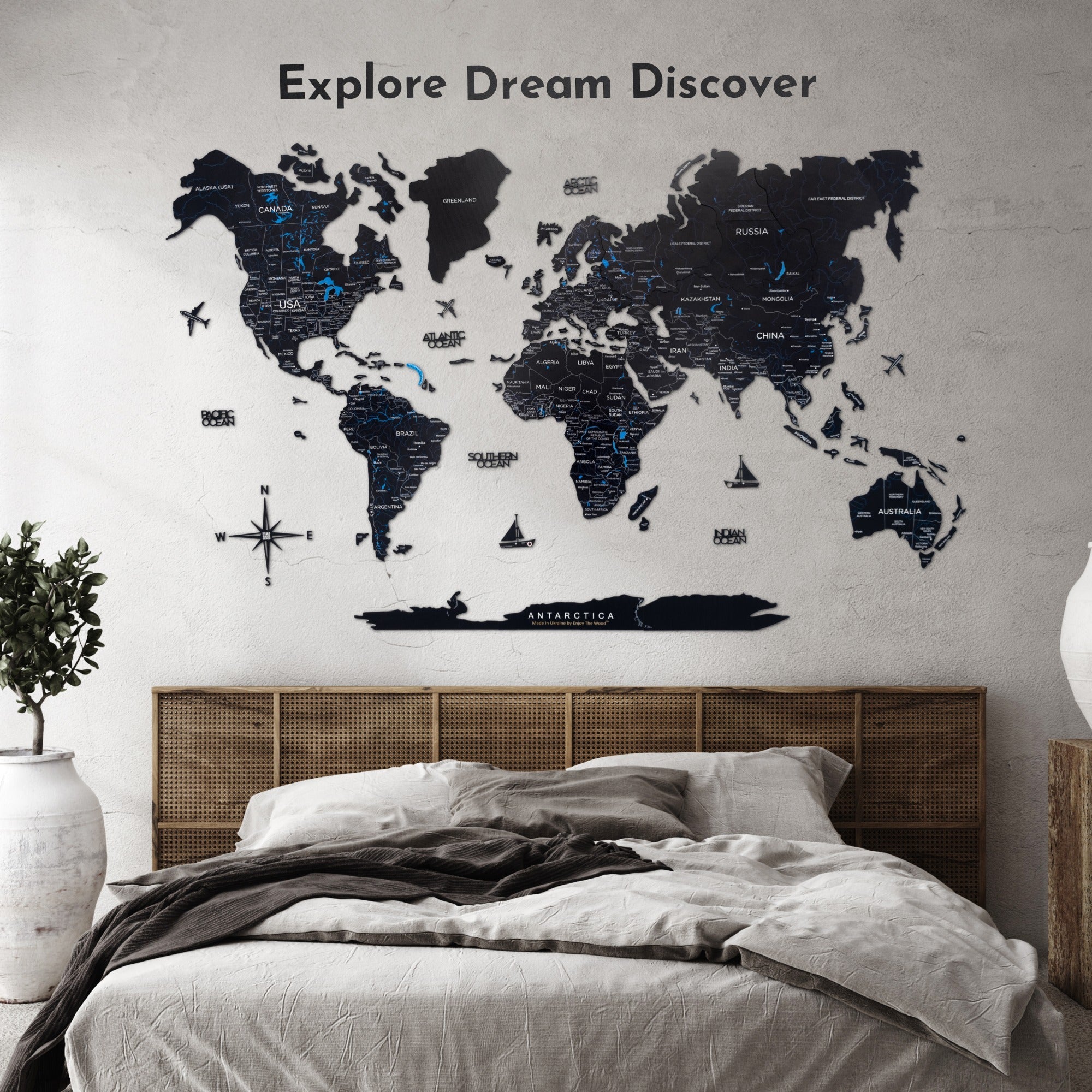 Elegant matte-black wooden quote sign for travel map decor