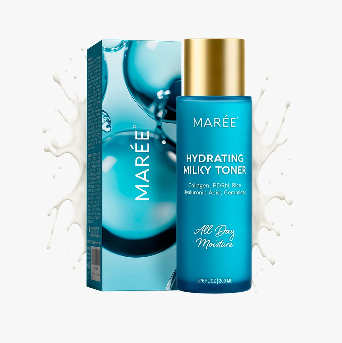 A woman holding a bottle of Maree Milky Rice Hydrating Toner, which features ingredients like collagen and hyaluronic acid.