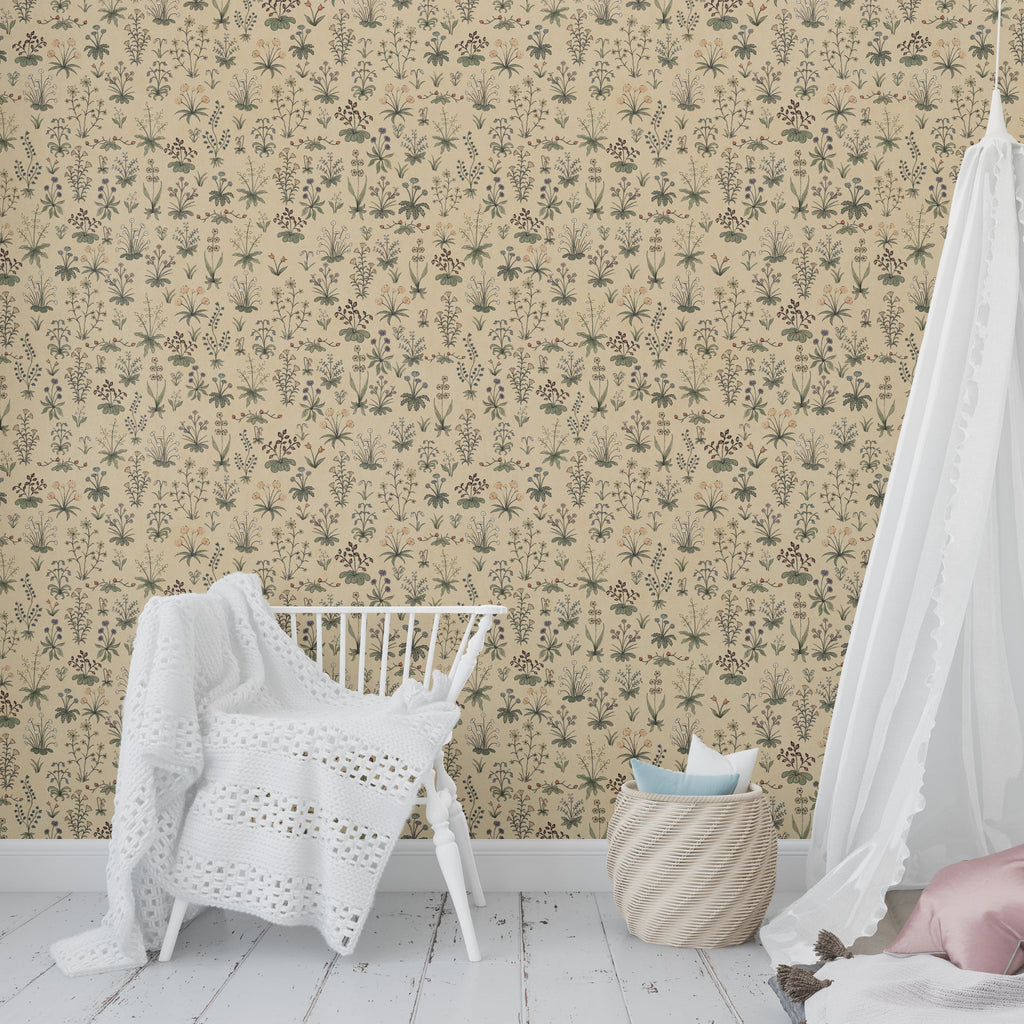 Evelyn Floral Wallpaper in Muted Beige and Green Vintage Style