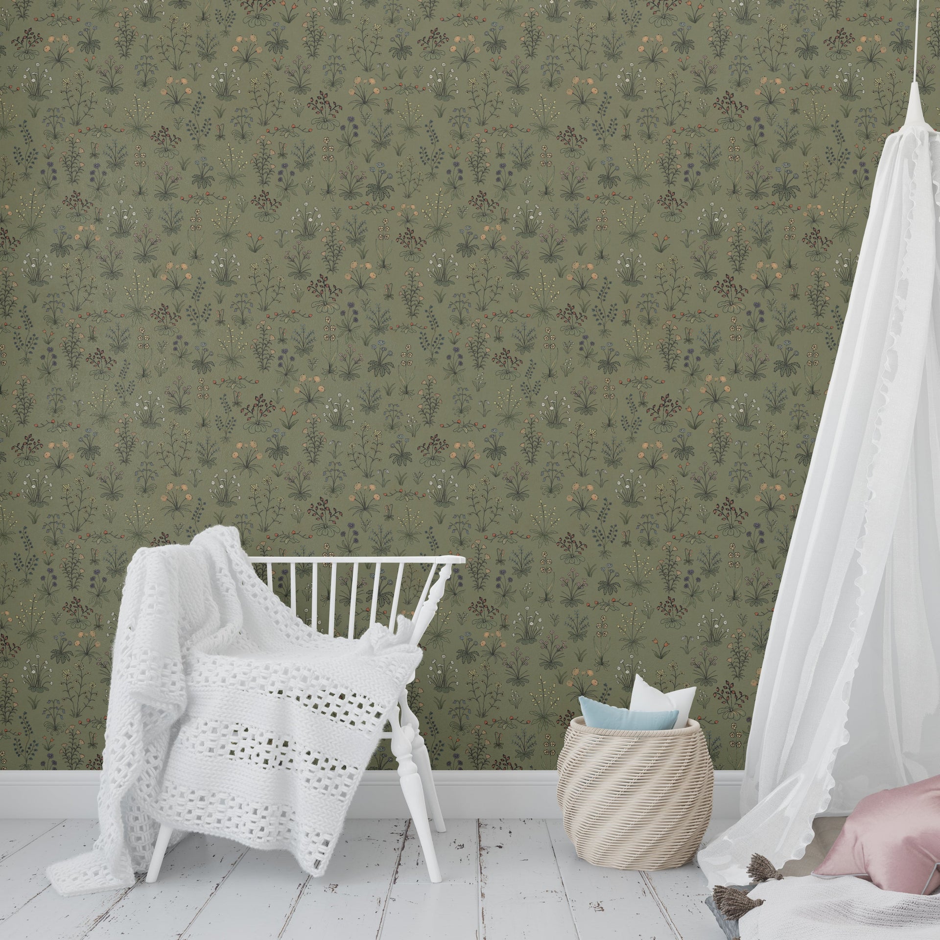Evelyn Floral Wallpaper in Muted Beige and Green Vintage Style