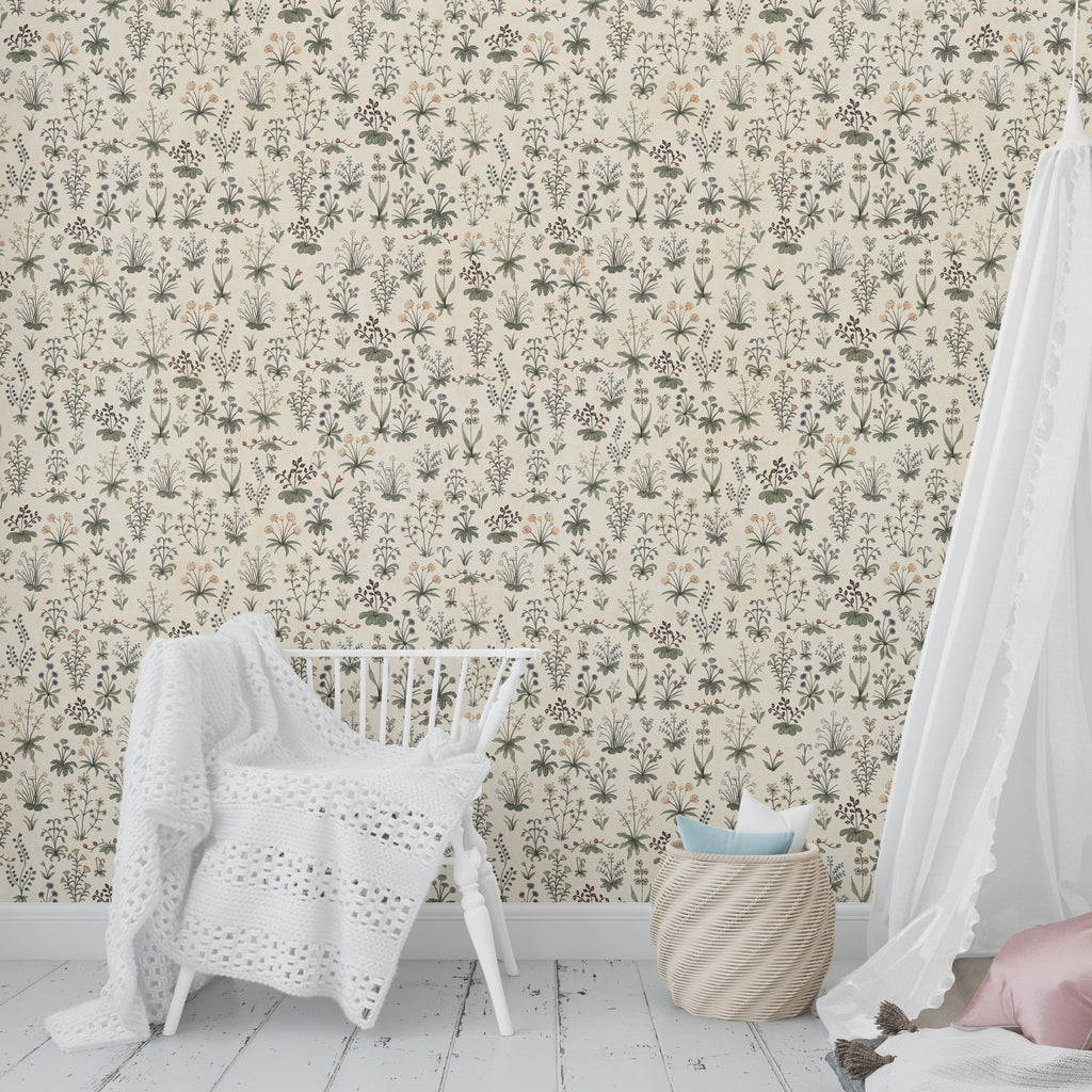 Evelyn Floral Wallpaper in Muted Beige and Green Vintage Style