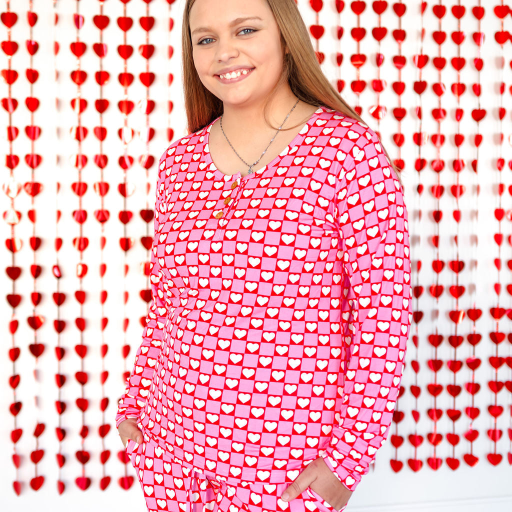 Women's Heart Print Bamboo Pajama Lounge Set in Pink and Red - Image 5