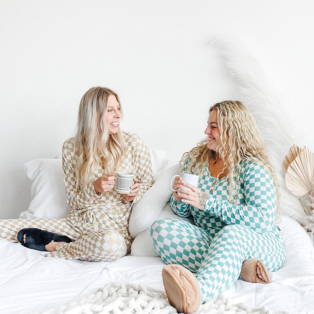 Women's Sage Check Ribbed Pajama Set Soft Bamboo Viscose - Image 4