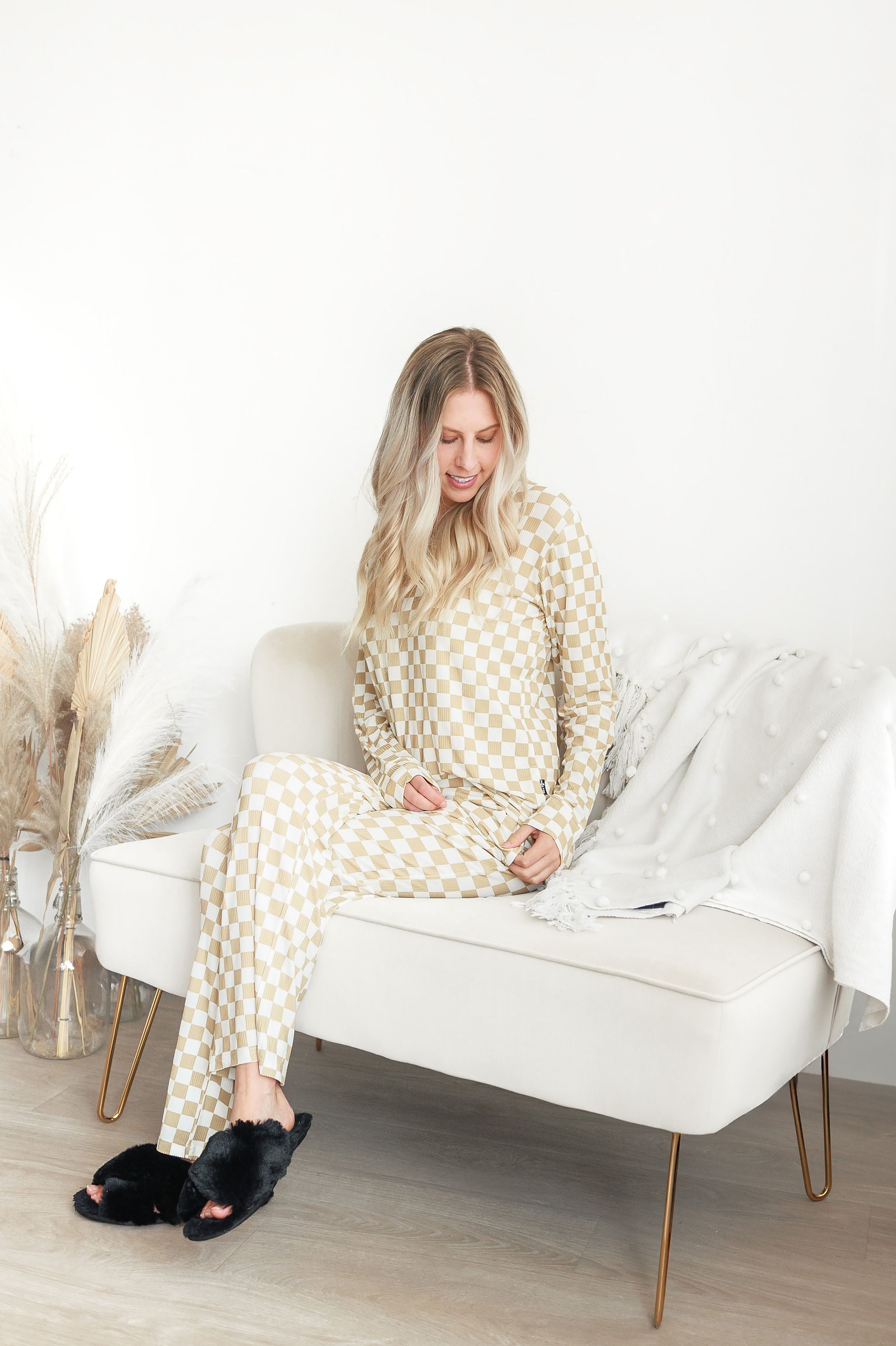 Women's Tan Check Ribbed Pajama Set Bamboo Viscose - Image 4