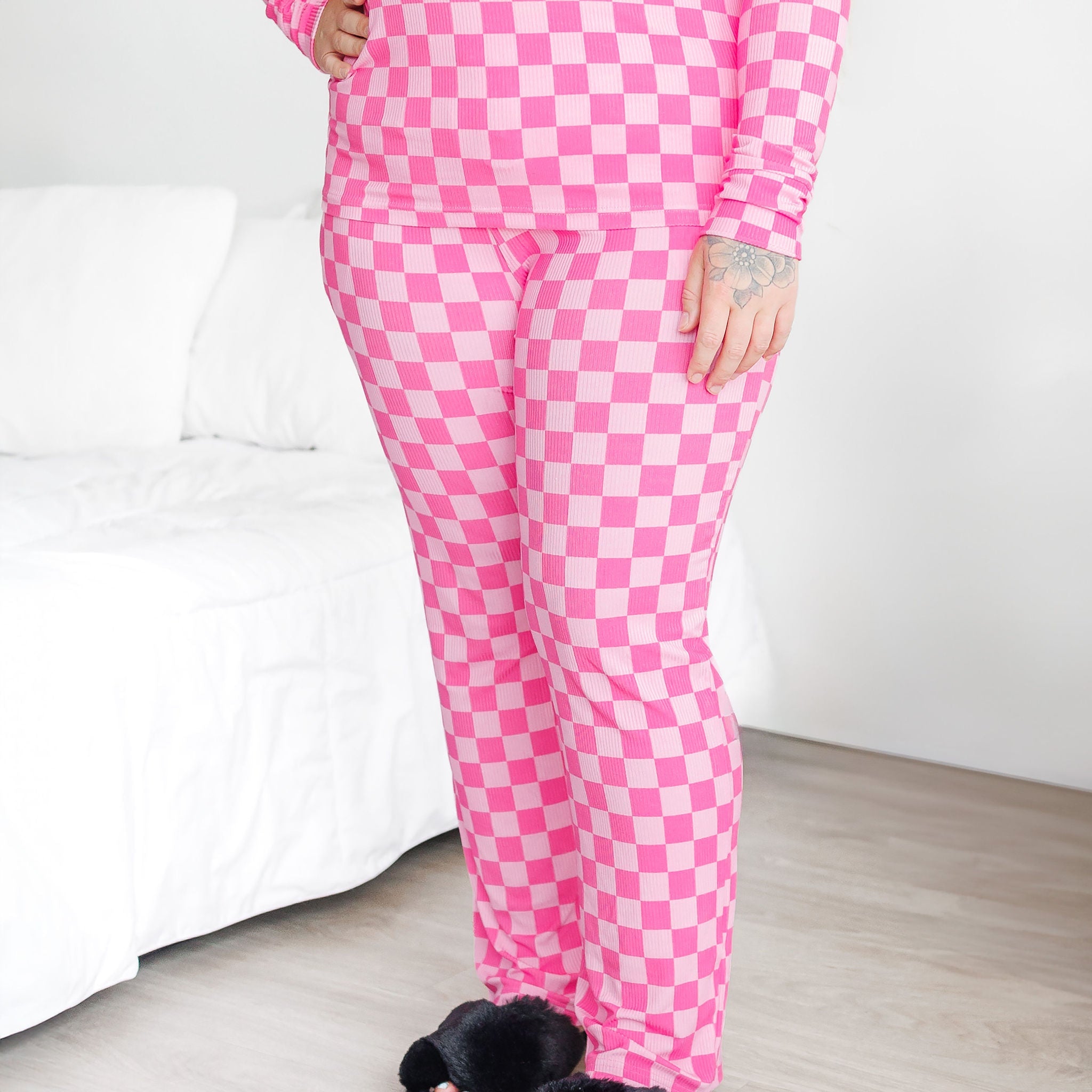 Women's Pink Check Ribbed Pajama Set Soft Bamboo Lounge Set - Image 3