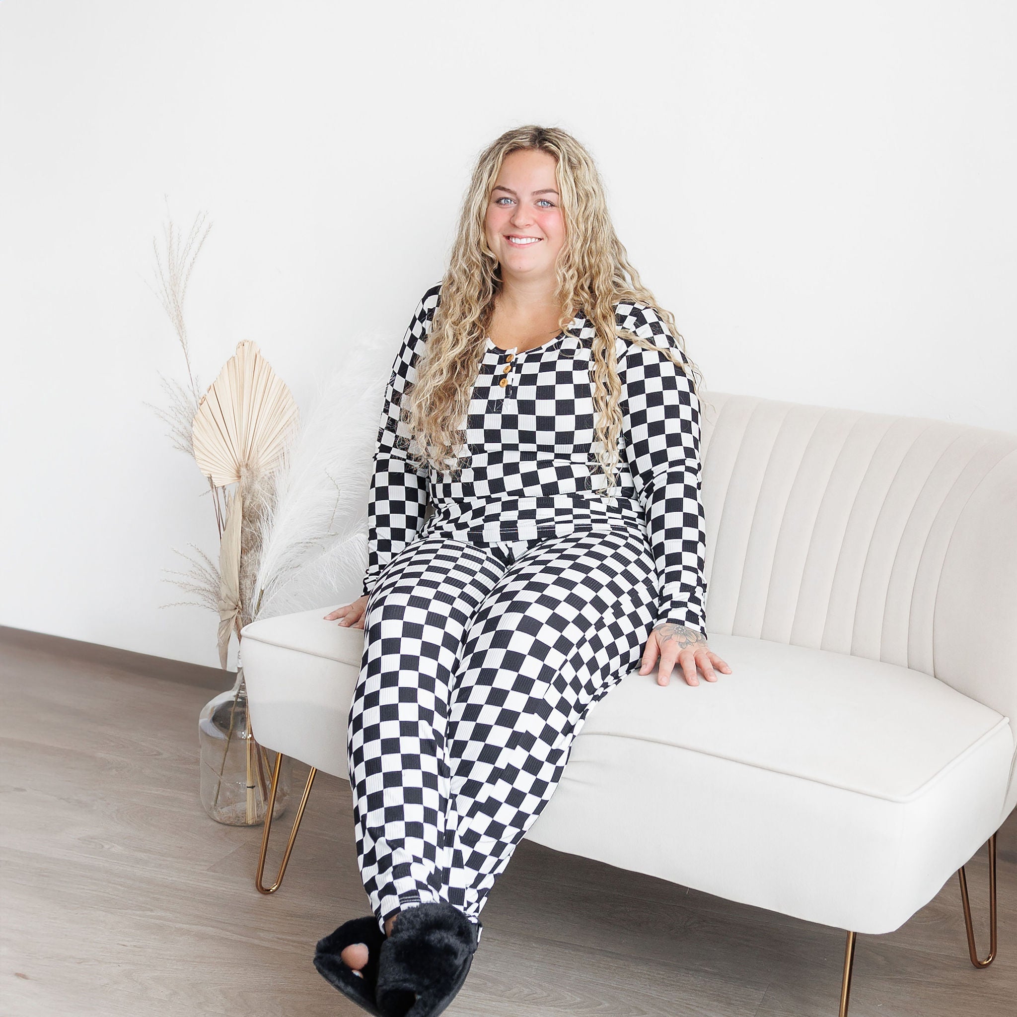 Women's Black and White Checkerboard Ribbed Pajama Set