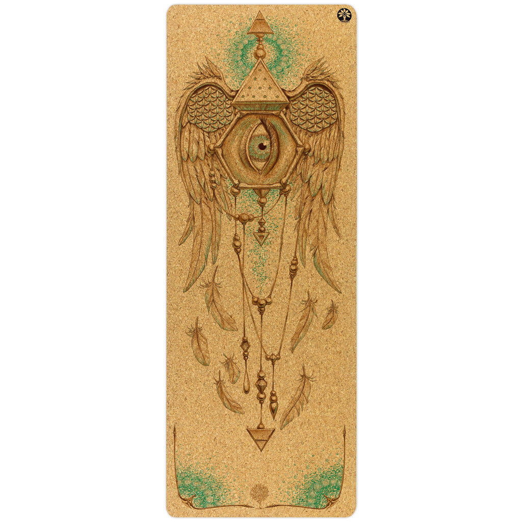 Mind of the Universe Nomad Cork Yoga Mat in tan and forest-green featuring an abstract design