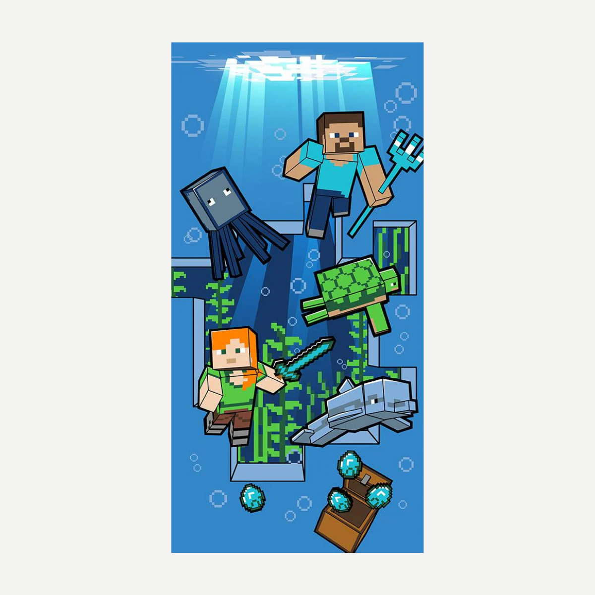 Minecraft beach towel featuring Steve, Alex, and underwater ocean creatures in pixel art style.