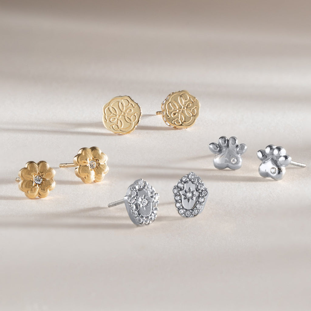 Silver Paw Print Mini Stud Earrings with Crystal Accents