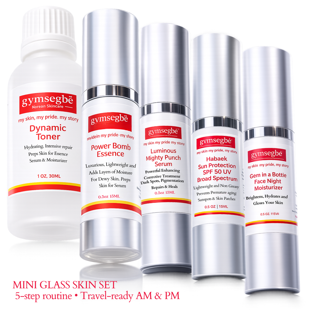 Mini Glass Skin Set featuring various travel-size skincare bottles in white, silver, and red.