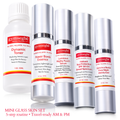 Mini Glass Skin Set featuring various travel-size skincare bottles in white, silver, and red.