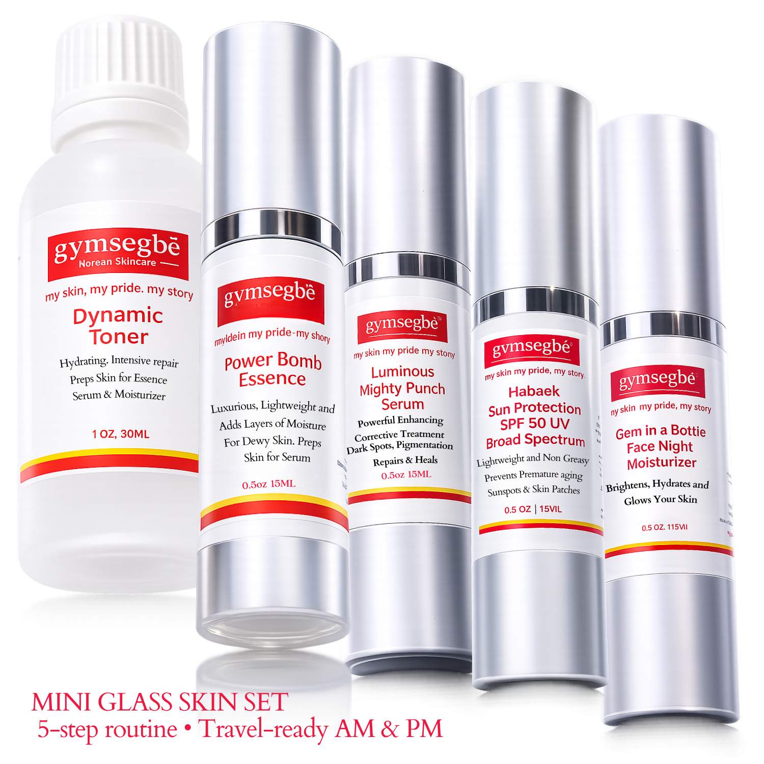 Mini Glass Skin Set featuring various travel-size skincare bottles in white, silver, and red.