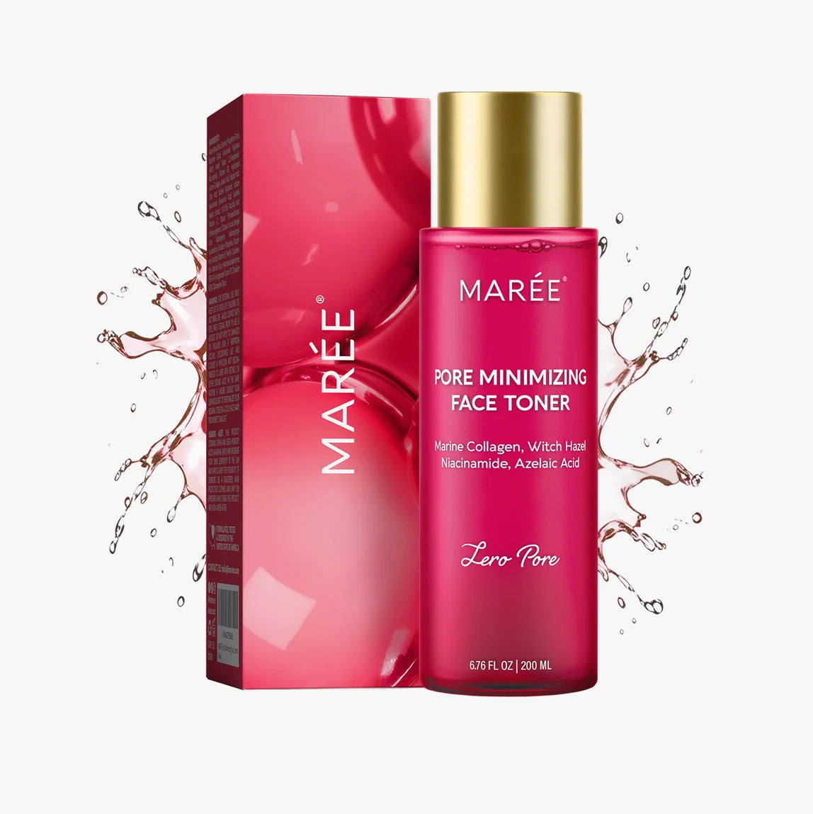 Bottle of Marée Pore Minimizing Face Toner featuring key ingredients Marine Collagen, Witch Hazel, Niacinamide, and Azelaic Acid.