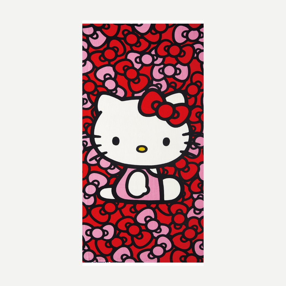 Hello Kitty character beach towel featuring a red and pink bow pattern background.