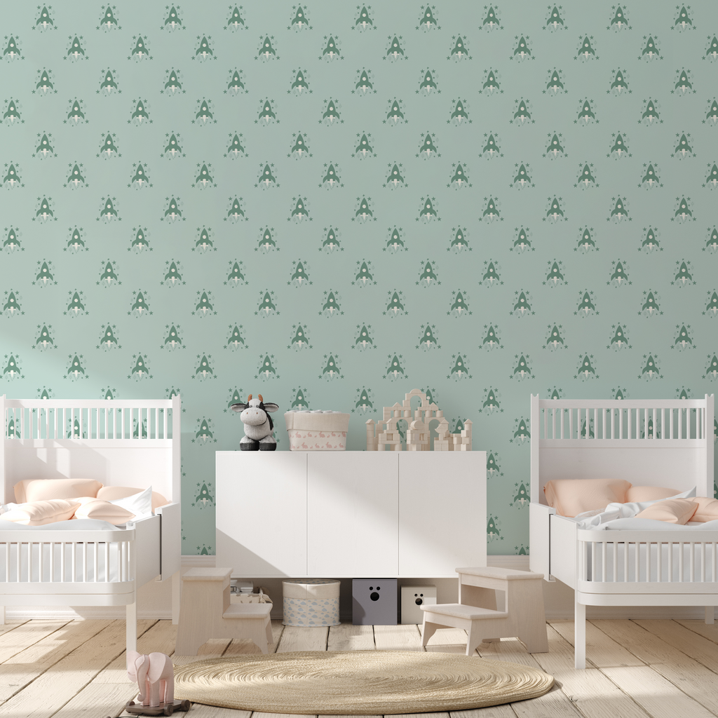 Ryan geometric wallpaper featuring mint green, lavender, navy blue, and maroon patterns