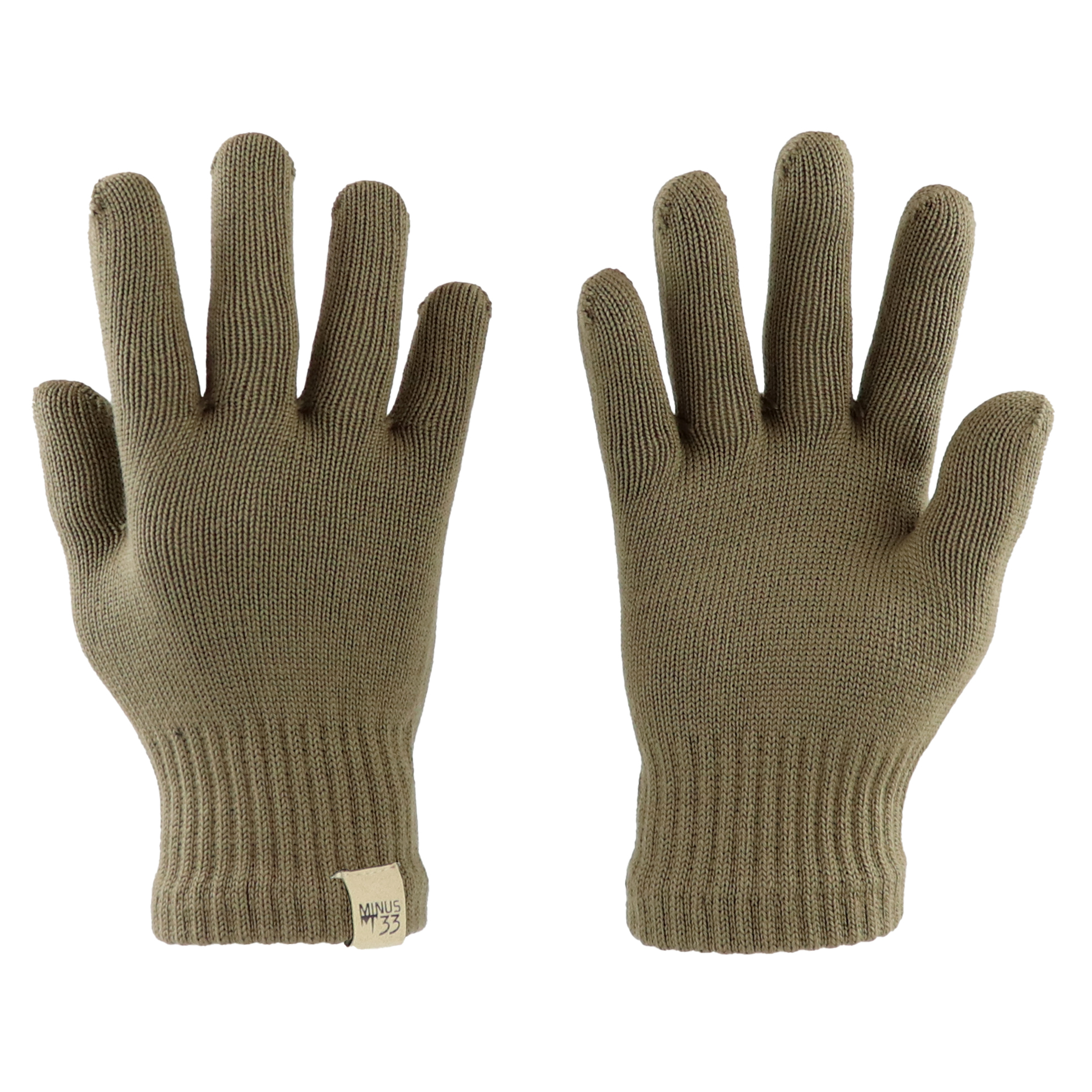 A pair of olive green lightweight merino wool glove liners on a neutral background