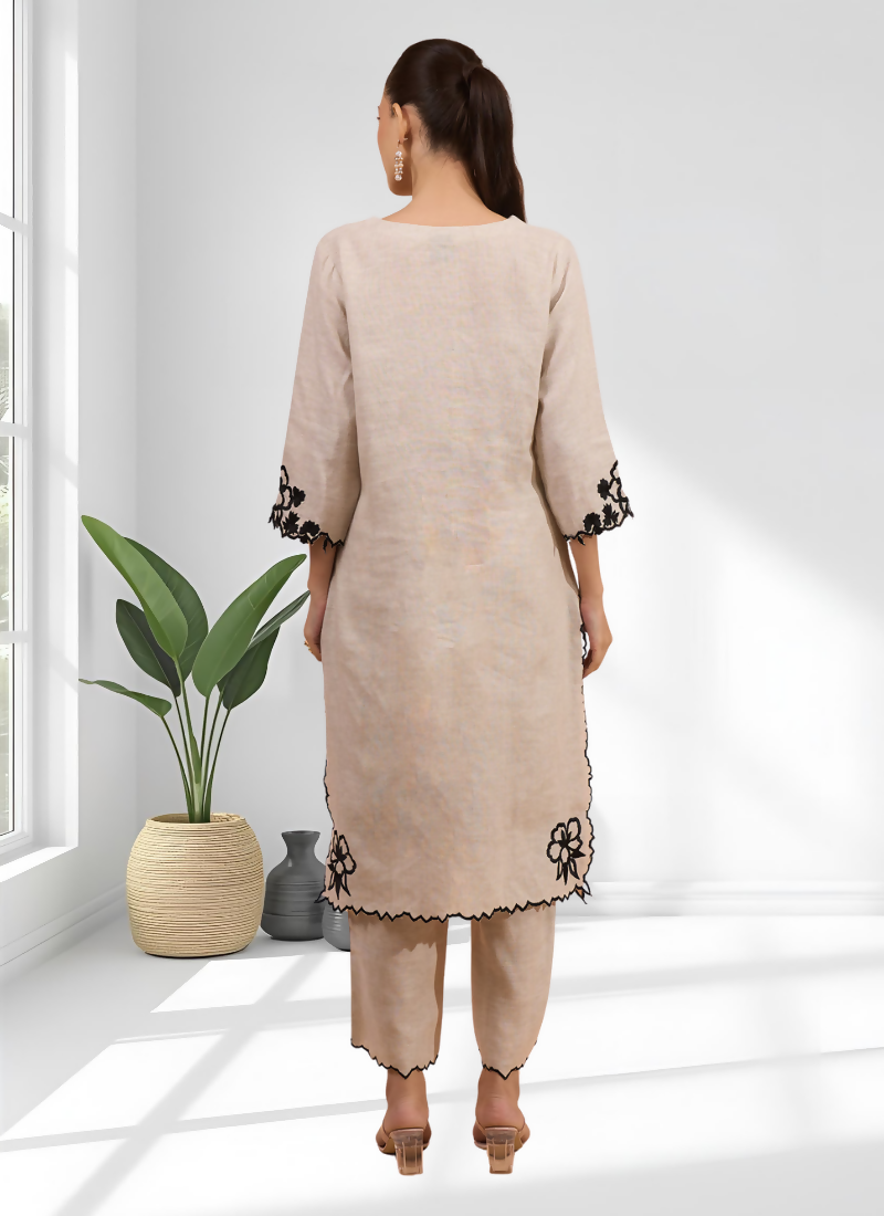Beige Linen Embroidered Long Kurta with Matching Pant Set