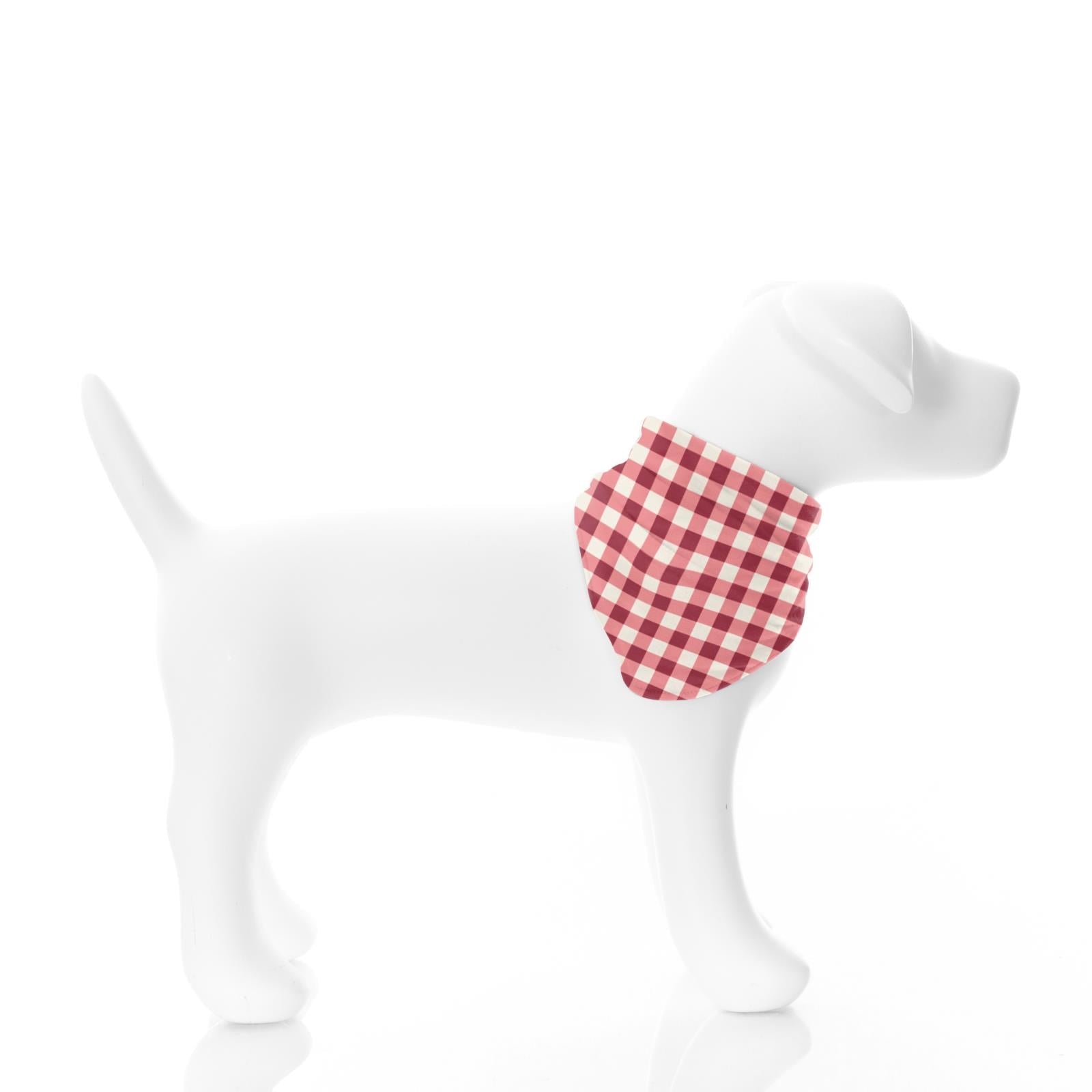 KicKee Pants dog bandana in Wild Strawberry Gingham pattern displayed on a white dog mannequin