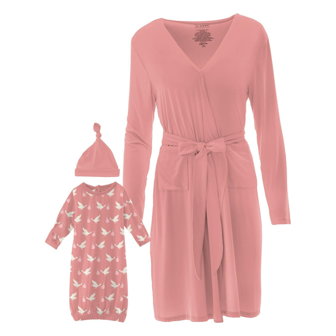 Women's Mid Length Lounge Robe & Baby Layette Set Blush Stork - Image 2