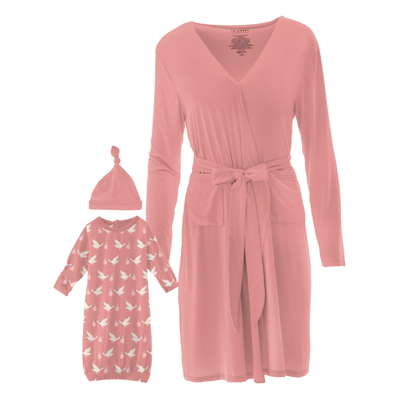 Women's Mid Length Lounge Robe & Baby Layette Set Blush Stork - Image 2