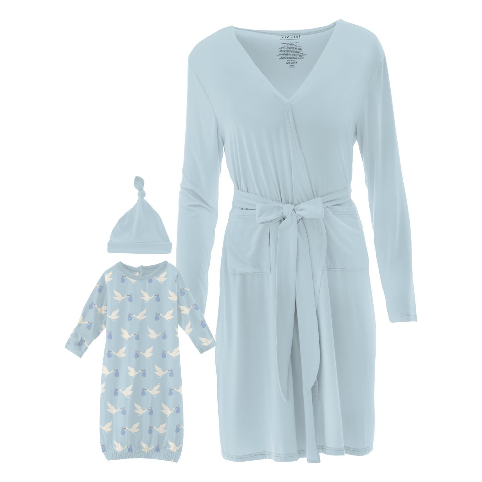 Women's Print Mid Length Lounge Robe & Layette Gown Set in Spring Sky Stork